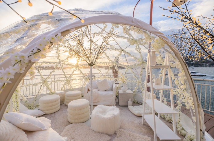 The pop-up igloo suite at Pier One hotel in Sydney, with Walsh Bay in the background.